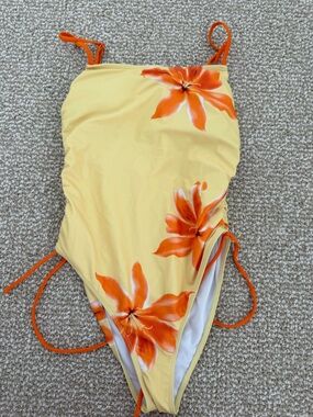 SHEIN Yellow One-Piece Swimsuit with Orange Floral Print